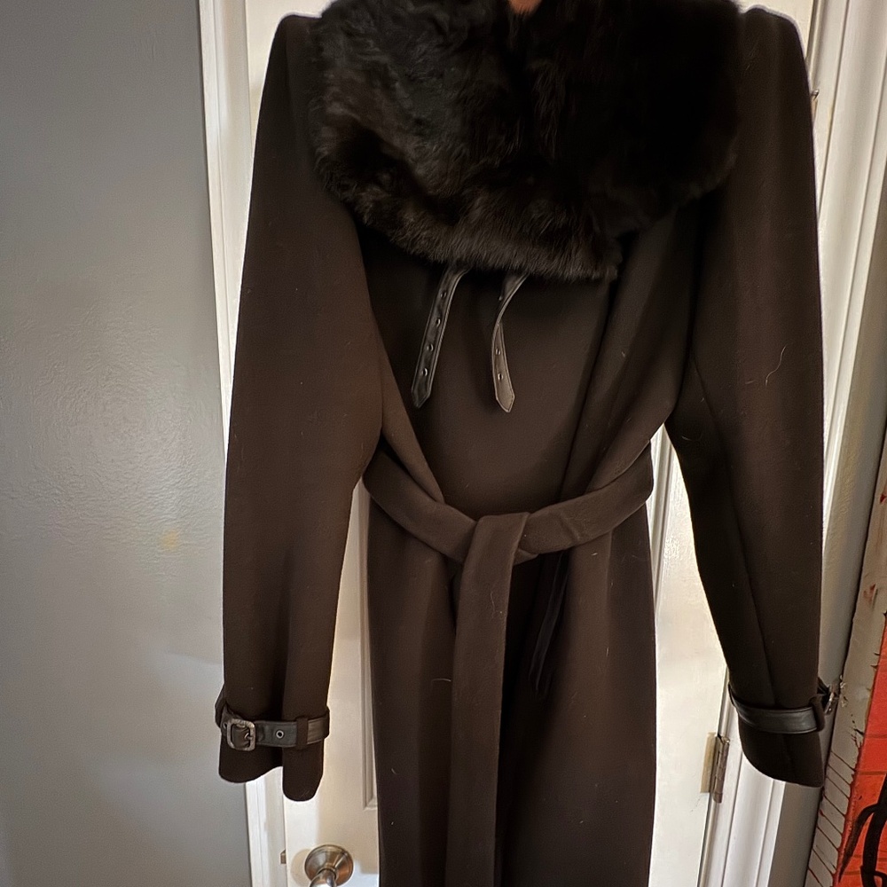 Elie Tahari Brown Wool Coat with Rabbit Fur Collar